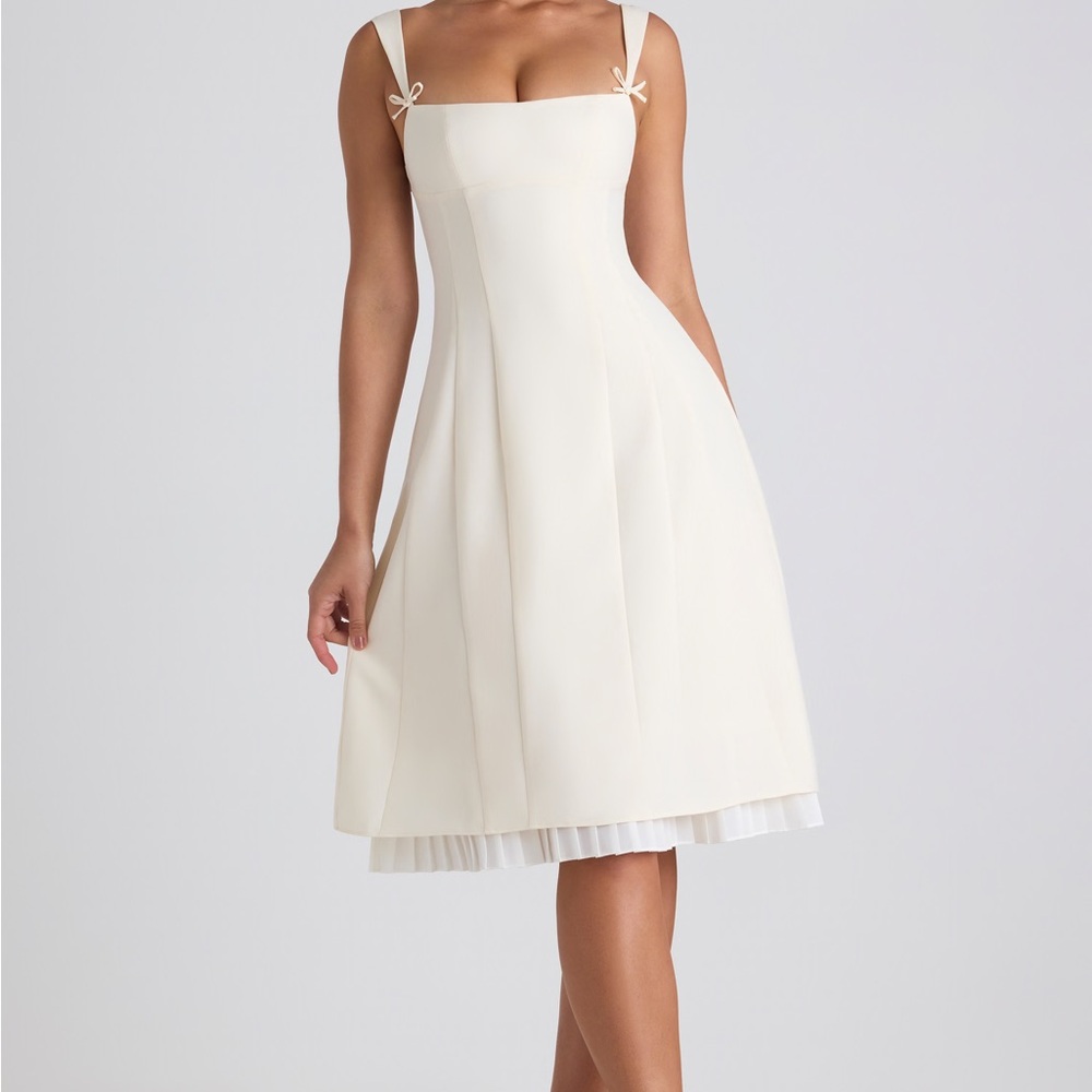 Isadora Bow-Detail Pleated A-Line
Midi Dress in Ivory